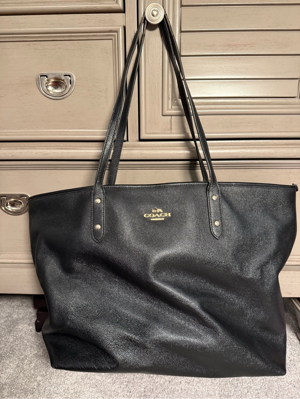 Coach Black Leather Tote with Gold Logo Hardware